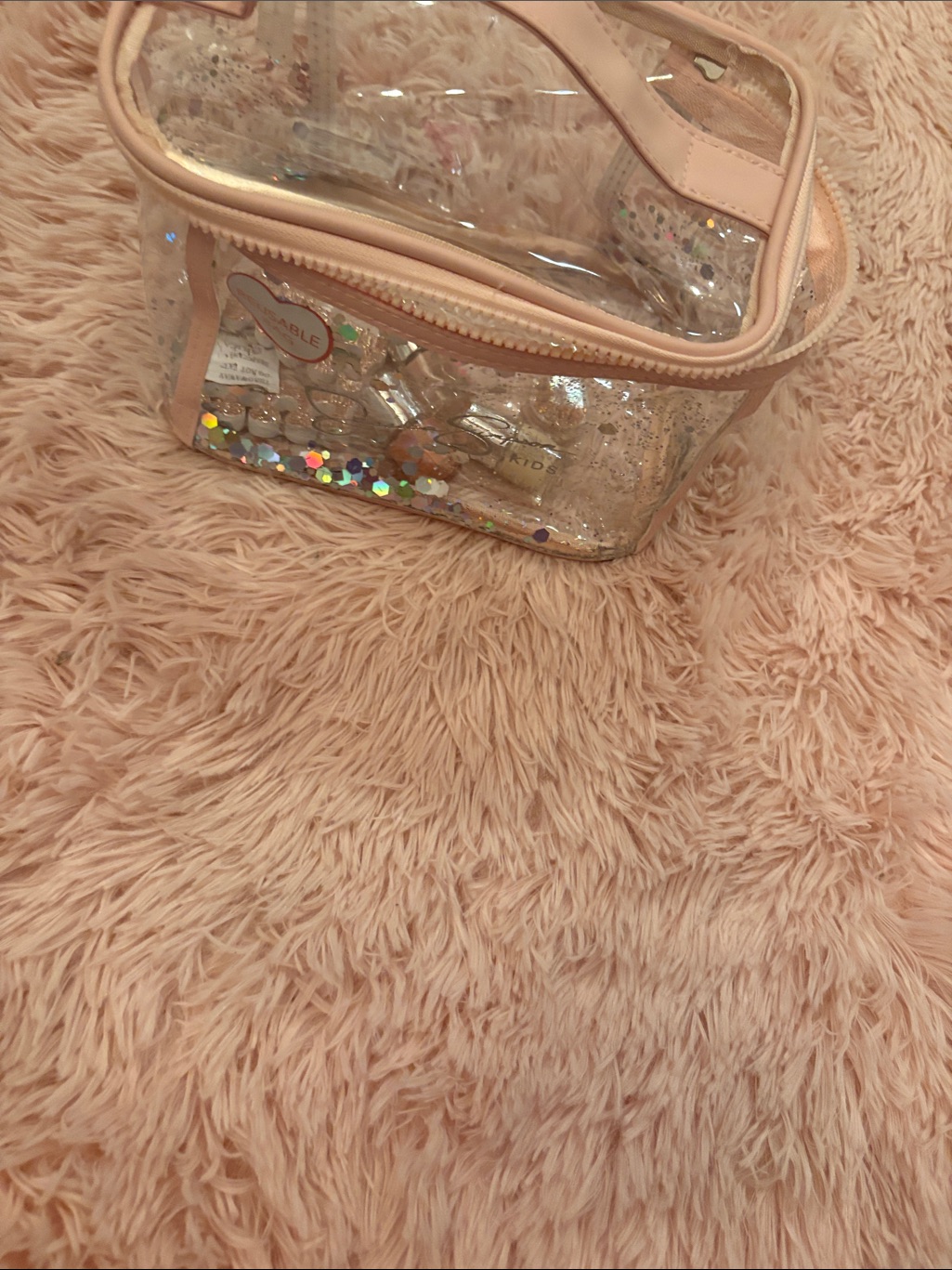 Clear Glitter Cosmetic Bag With Pale Pink Trim And Contents ! 8 X 5 X 5